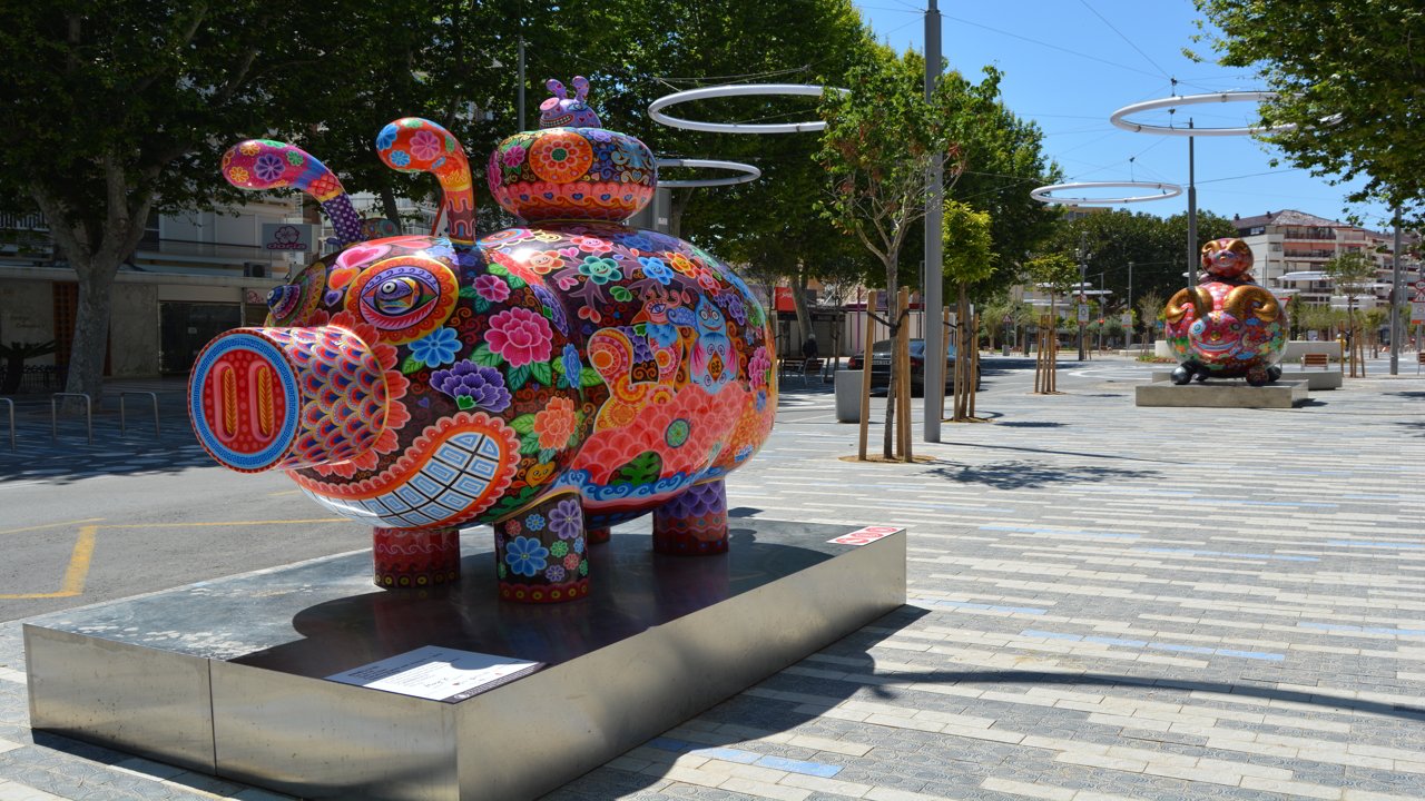 Pig of many colours in the street